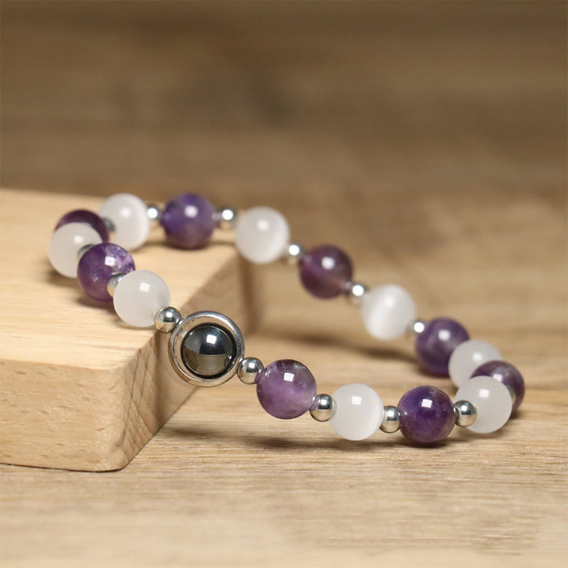 Braccialetto di equilibrio con perle di occhio di gatto bianco e ametista naturale Buddha Stones - image 3