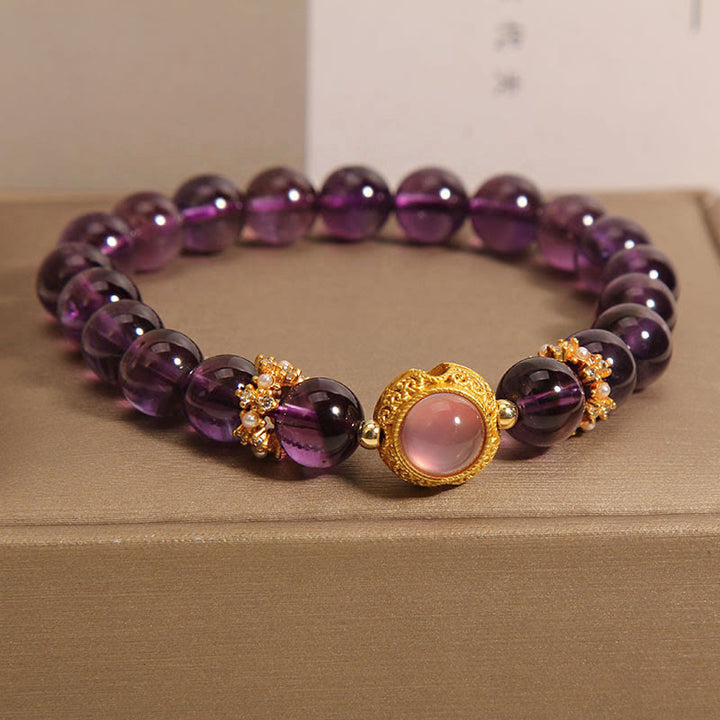 Braccialetto curativo con perle di quarzo fragola e ametista naturale Buddha Stones - Ametista e quarzo fragola (circonferenza del polso: 15-17 cm) - image 1