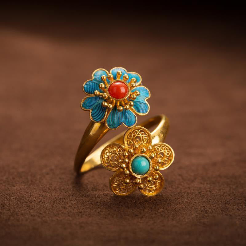 Anello della ricchezza Buddha Stones, doppi petali, turchese gocciolante in rame - Petali di rame - image 1