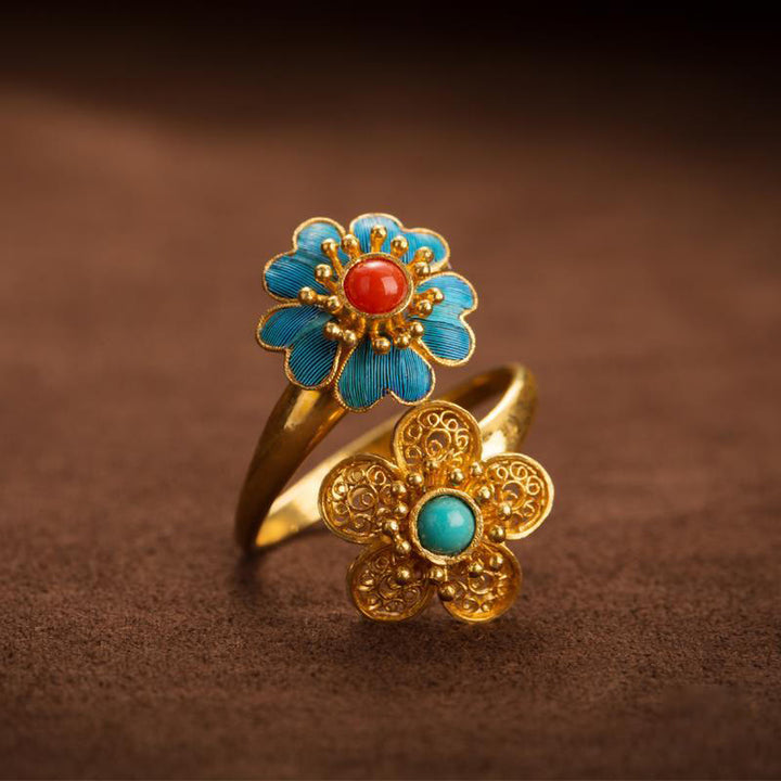 Anello della ricchezza Buddha Stones, doppi petali, turchese gocciolante in rame - Petali di rame - image 1