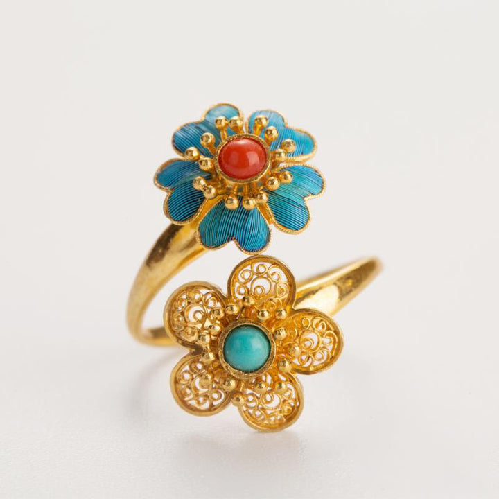 Anello della ricchezza Buddha Stones, doppi petali, turchese gocciolante in rame - image 4