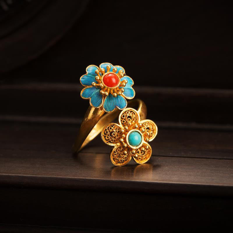 Anello della ricchezza Buddha Stones, doppi petali, turchese gocciolante in rame - image 2