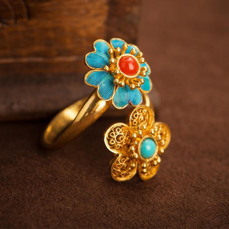 Anello della ricchezza Buddha Stones, doppi petali, turchese gocciolante in rame - image 3
