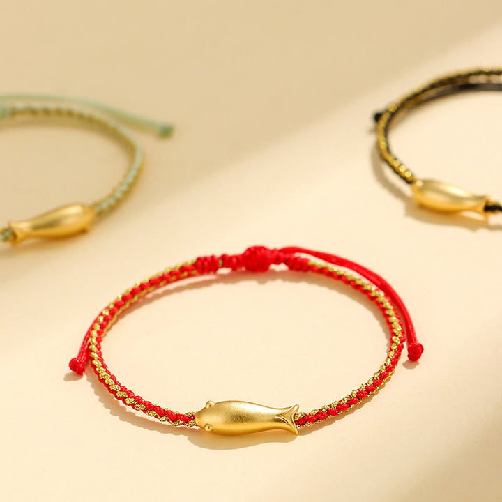Braccialetto di corda protettiva con pesce koi portafortuna in argento sterling 999 Buddha Stones - image 0