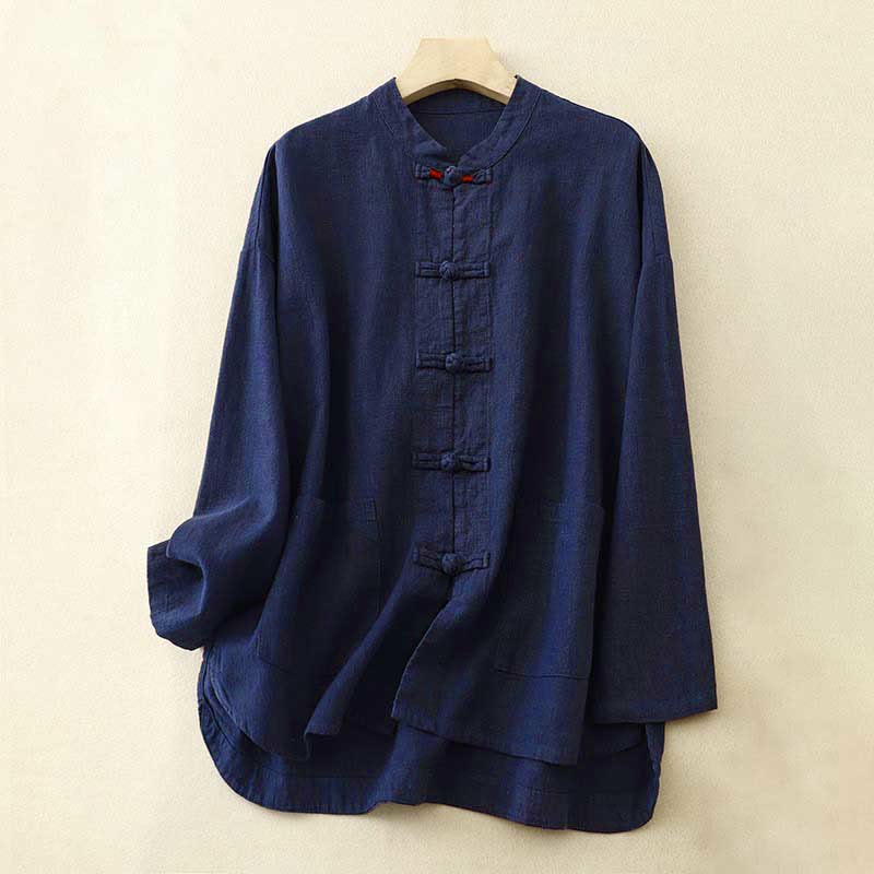 Buddha Stones Bottone di nodo cinese artistico letterario Abbigliamento casual in cotone - Blu notte - US8-10, UK/AU12-14, EU40-42 (2XL) - image 9