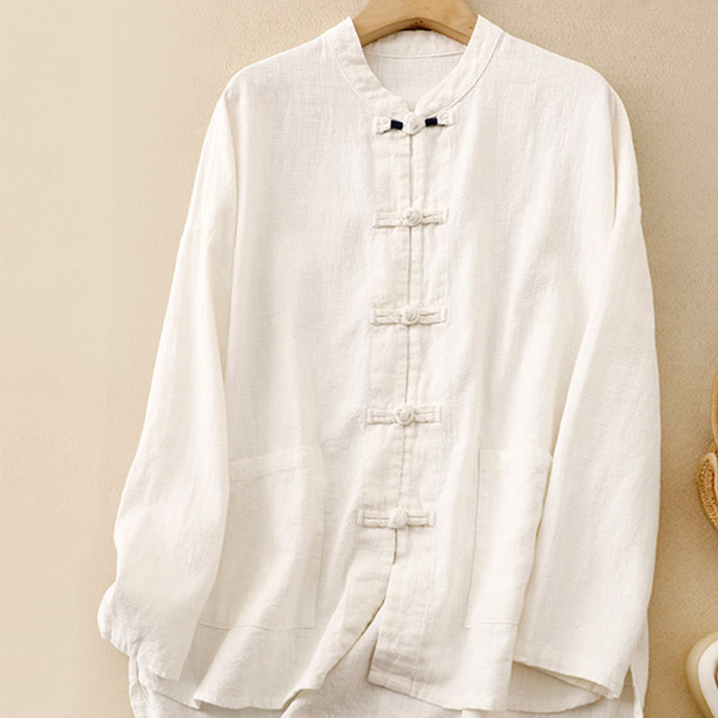 Buddha Stones Bottone di nodo cinese artistico letterario Abbigliamento casual in cotone - Bianco - US12, UK/AU16, EU44 (2XL) - image 19