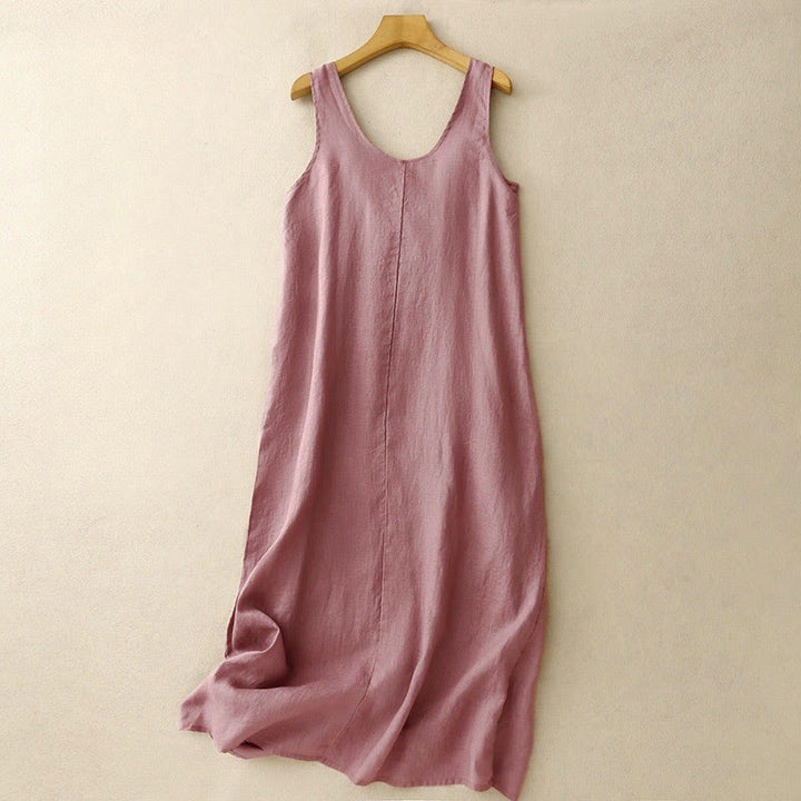 Abito midi senza maniche con scollo rotondo, tinta unita e tasche, perfetto per l'estate e il tempo libero, con stampa Buddha Stones. - Rosso viola pallido - US14, UK/AU18, EU46 (2XL) - image 0