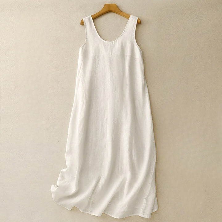 Abito midi in cotone e lino senza maniche , Buddha Stones casual, estivo, quotidiano, colore puro, girocollo, design semplice - FlorealeBianco - US14, UK/AU18, EU46 (2XL) - image 8