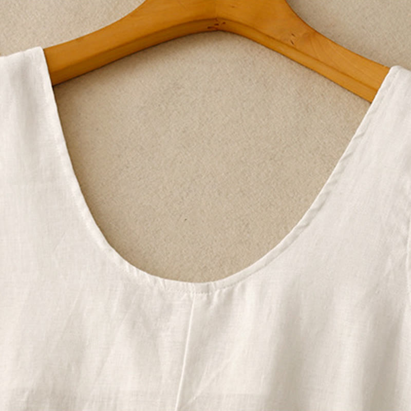 Abito midi in cotone e lino senza maniche , Buddha Stones casual, estivo, quotidiano, colore puro, girocollo, design semplice - image 10