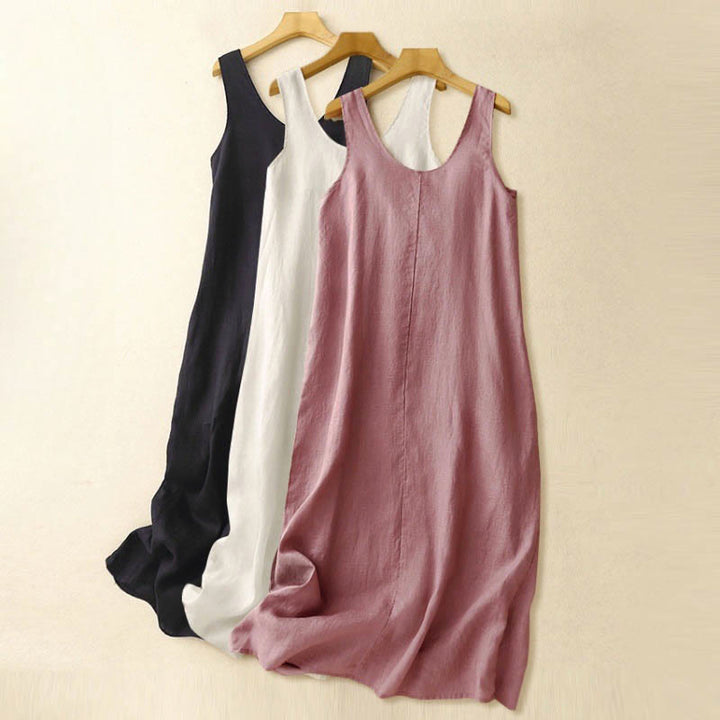 Abito midi in cotone e lino senza maniche , Buddha Stones casual, estivo, quotidiano, colore puro, girocollo, design semplice - image 17