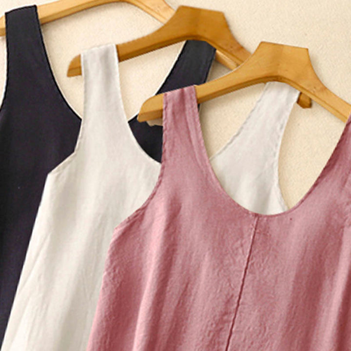 Abito midi in cotone e lino senza maniche , Buddha Stones casual, estivo, quotidiano, colore puro, girocollo, design semplice - image 18