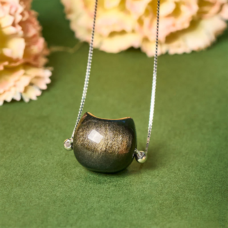 Collana con gatto in argento sterling 925, Buddha Stones , ossidiana naturale lucida, ossidiana dorata lucida - Ossidiana lucente dorata - image 5