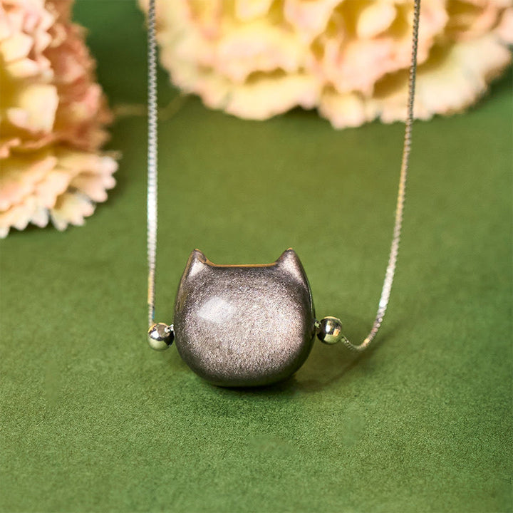 Collana con gatto in argento sterling 925, Buddha Stones , ossidiana naturale lucida, ossidiana dorata lucida - Ossidiana argentata - image 0
