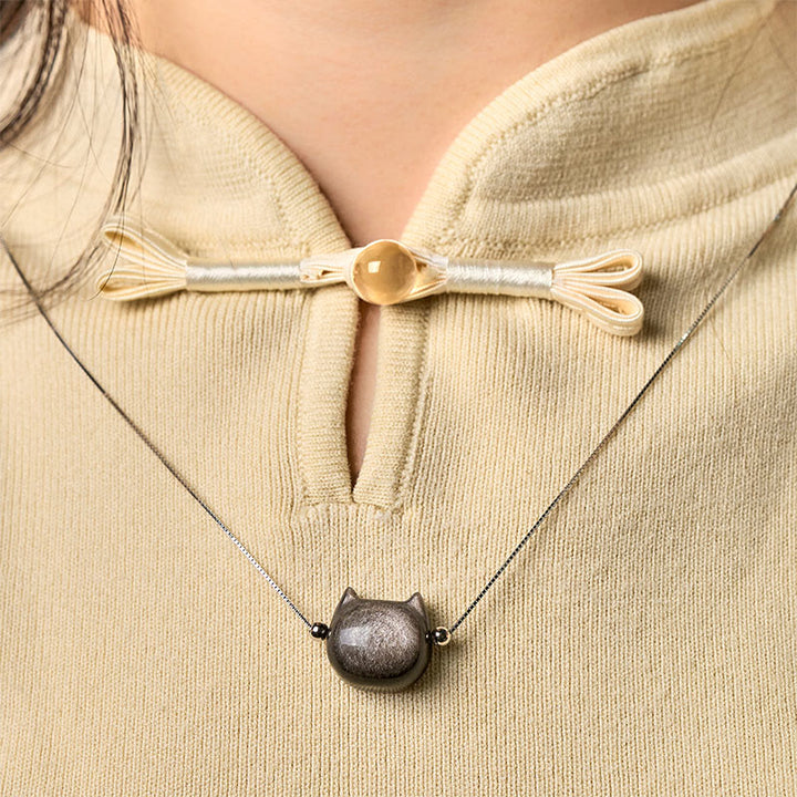Collana con gatto in argento sterling 925, Buddha Stones , ossidiana naturale lucida, ossidiana dorata lucida - image 1