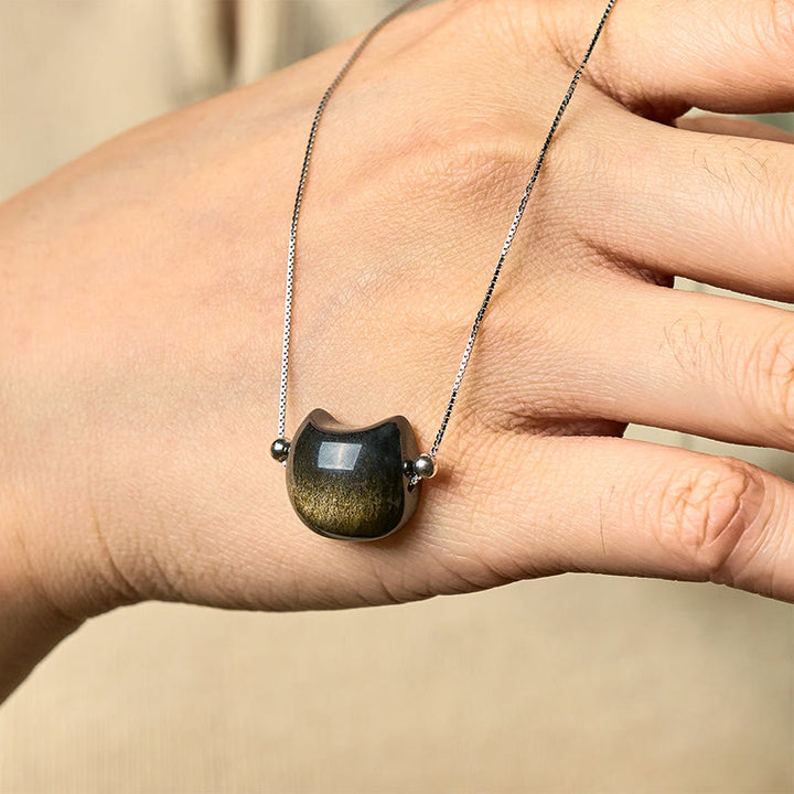 Collana con gatto in argento sterling 925, Buddha Stones , ossidiana naturale lucida, ossidiana dorata lucida - image 6