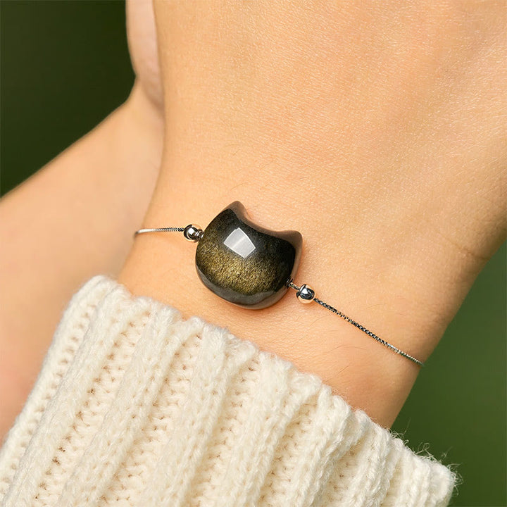 Braccialetto rilassante con gatto in ossidiana lucida color oro e pietre Buddha Stones in argento sterling 925 - image 13
