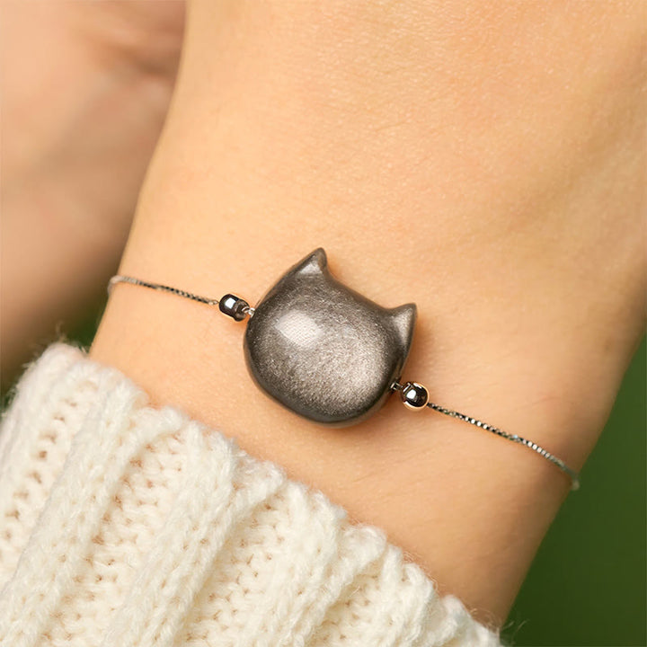 Braccialetto rilassante con gatto in ossidiana lucida color oro e pietre Buddha Stones in argento sterling 925 - image 2