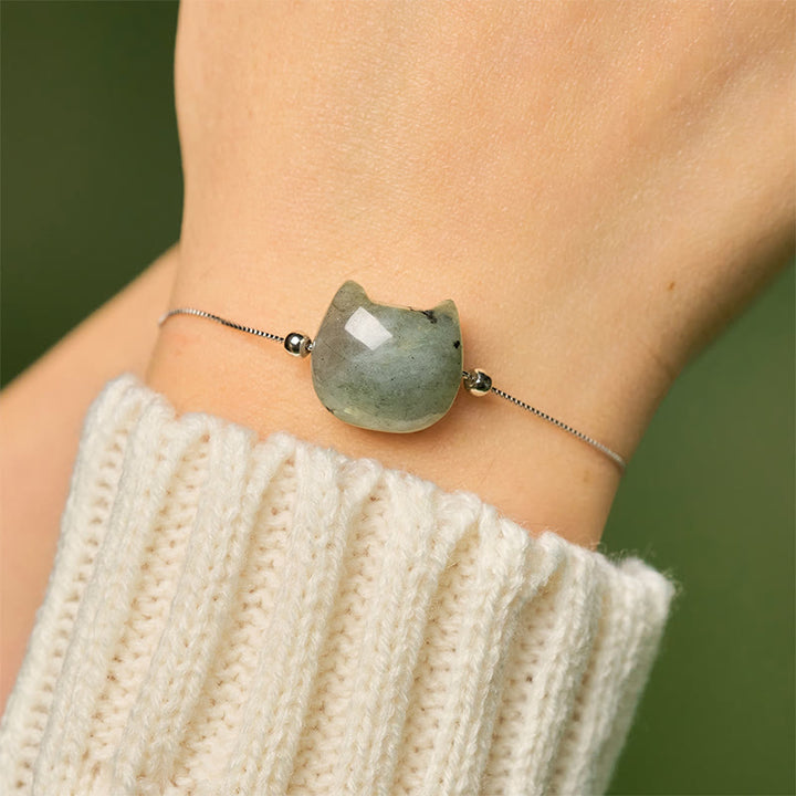 Braccialetto curativo in labradorite naturale con testa di gatto senza volto in argento sterling 925 Buddha Stones - image 5