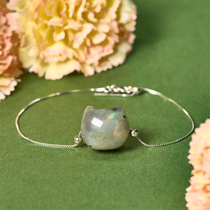 Braccialetto curativo in labradorite naturale con testa di gatto senza volto in argento sterling 925 Buddha Stones - 18-22 cm - image 1