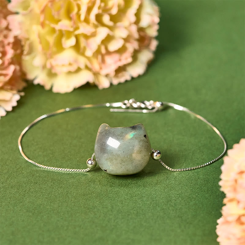 Braccialetto curativo in labradorite naturale con testa di gatto senza volto in argento sterling 925 Buddha Stones - 18-22 cm - image 0