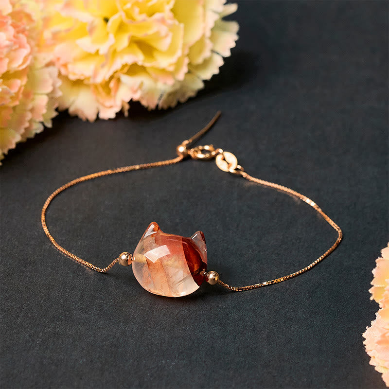 Bracciale Buddha Stones in argento sterling 925 con testa di gatto senza volto e quarzo rosso naturale con fiore della passione - image 2