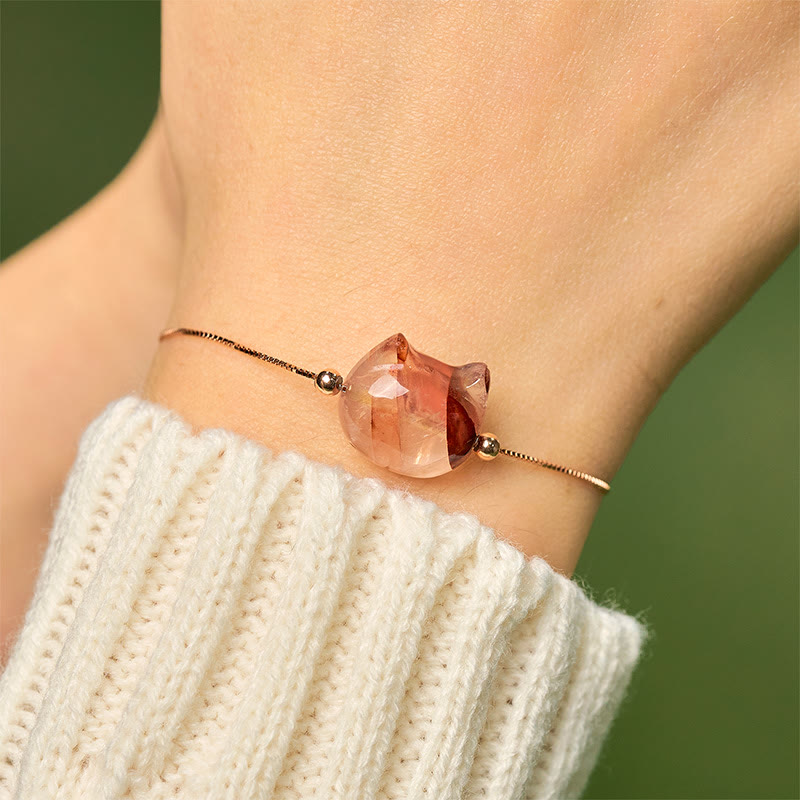 Bracciale Buddha Stones in argento sterling 925 con testa di gatto senza volto e quarzo rosso naturale con fiore della passione - image 4