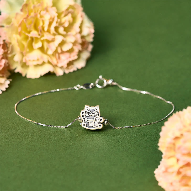 Braccialetto di protezione con catena in argento sterling 925 e gatto della fortuna in argento sterling 999 Buddha Stones - 18-22 cm - image 0