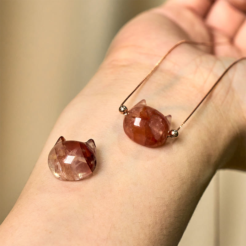 Collana con ciondolo di protezione in quarzo rosso naturale a forma di testa di gatto in argento sterling 925 Buddha Stones - image 9
