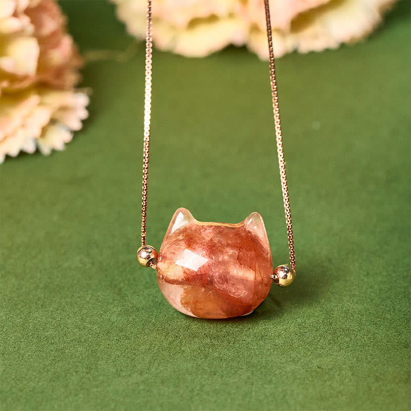 Collana con ciondolo di protezione in quarzo rosso naturale a forma di testa di gatto in argento sterling 925 Buddha Stones - image 1