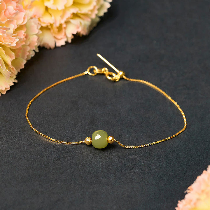 Bracciale a catena con perline di giada naturale in argento sterling 925 Buddha Stones - Giada verde scuro - Catena in argento sterling 925 placcato oro - image 0