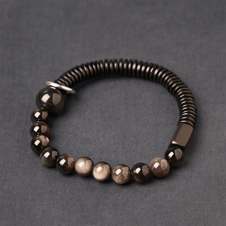 Braccialetto di protezione in guscio di cocco e ossidiana lucida color argento Buddha Stones - Ossidiana argentata e guscio di cocco (circonferenza del polso: 18-20 cm) - image 1