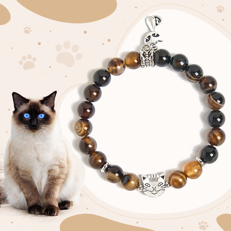 Braccialetto di protezione con perline di agata striata marrone scuro e gatto siamese color cioccolato Buddha Stones - Gatto siamese color cioccolato (circonferenza del polso 15-16 cm) - image 1
