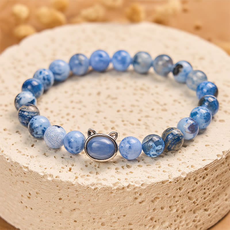 Braccialetto di protezione in agata blu e cianite con testa di gatto naturale Buddha Stones - Agata blu (circonferenza del polso: 14-16 cm) - image 0