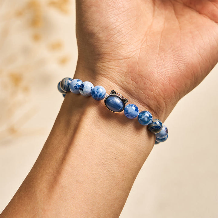 Braccialetto di protezione in agata blu e cianite con testa di gatto naturale Buddha Stones - image 3