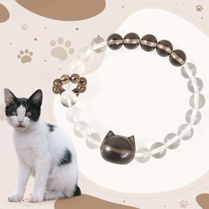 Braccialetto di protezione in quarzo fumé naturale con cristallo bianco Buddha Stones Japanese Bobtail Cat - Gatto Bobtail giapponese (circonferenza del polso: 14-16 cm) - image 1