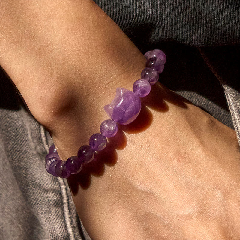 Bracciale di consapevolezza spirituale in ametista con faccia di gatto Buddha Stones - image 7