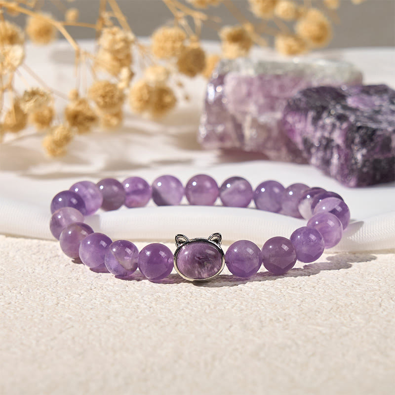 Bracciale Buddha Stones con ametista e faccia di gatto, allevia lo stress - image 2