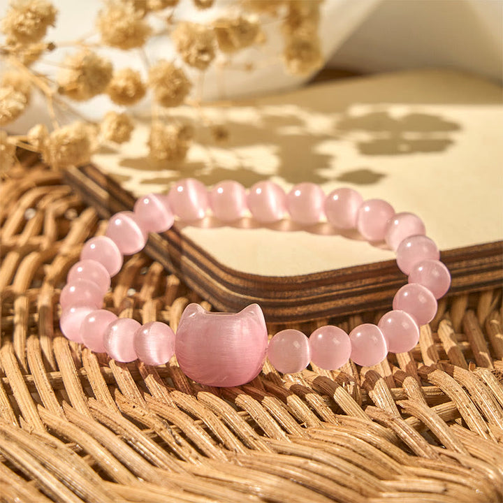 Braccialetto di perline spirituali con testa di Buddha Stones, occhio di gatto rosa e occhio di gatto bianco - image 4