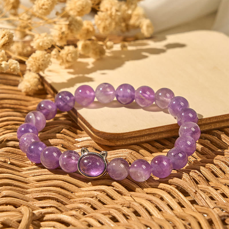 Braccialetto curativo con perline di ametista naturale Buddha Stones a forma di gatto - image 6