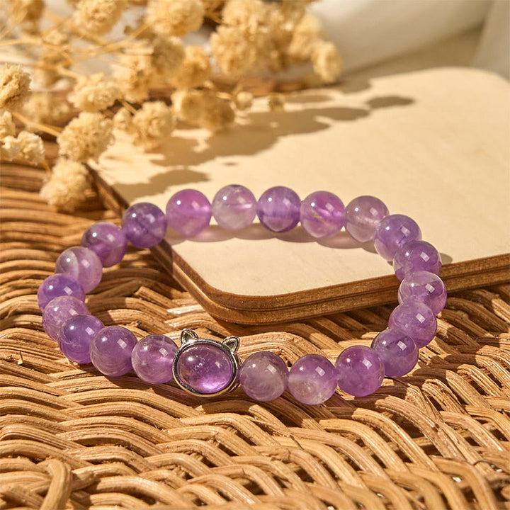 Braccialetto curativo con perline di ametista naturale Buddha Stones a forma di gatto - image 6