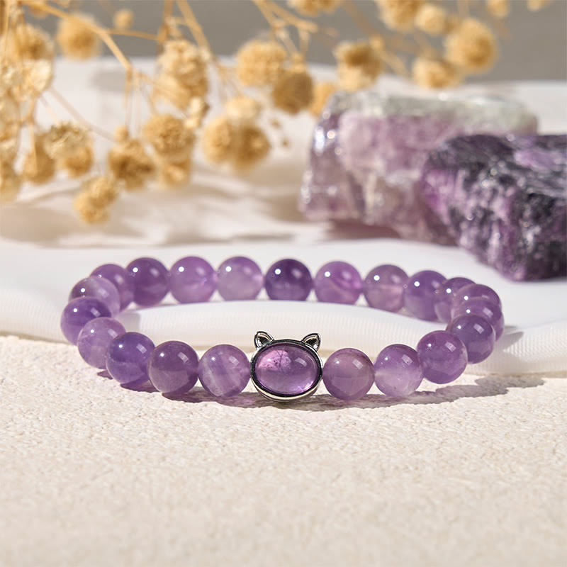 Braccialetto curativo con perline di ametista naturale Buddha Stones a forma di gatto - Ametista (circonferenza del polso: 14-16 cm) - image 1