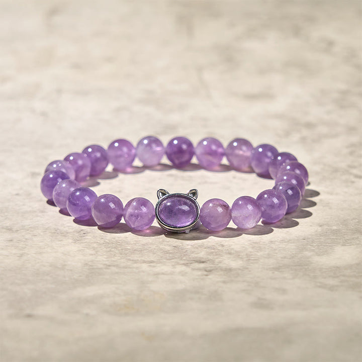 Braccialetto curativo con perline di ametista naturale Buddha Stones a forma di gatto - image 4
