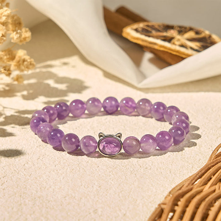 Braccialetto curativo con perline di ametista naturale Buddha Stones a forma di gatto - image 3