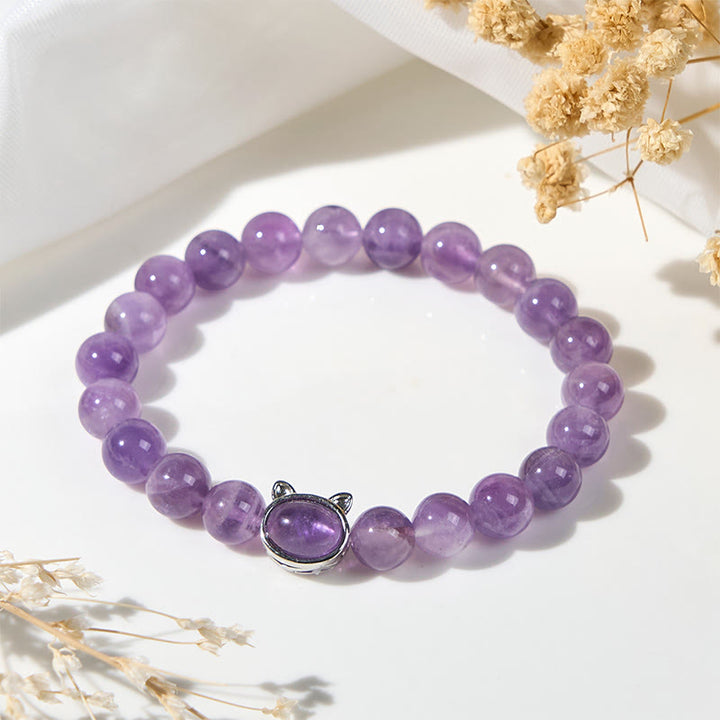 Braccialetto curativo con perline di ametista naturale Buddha Stones a forma di gatto - image 2