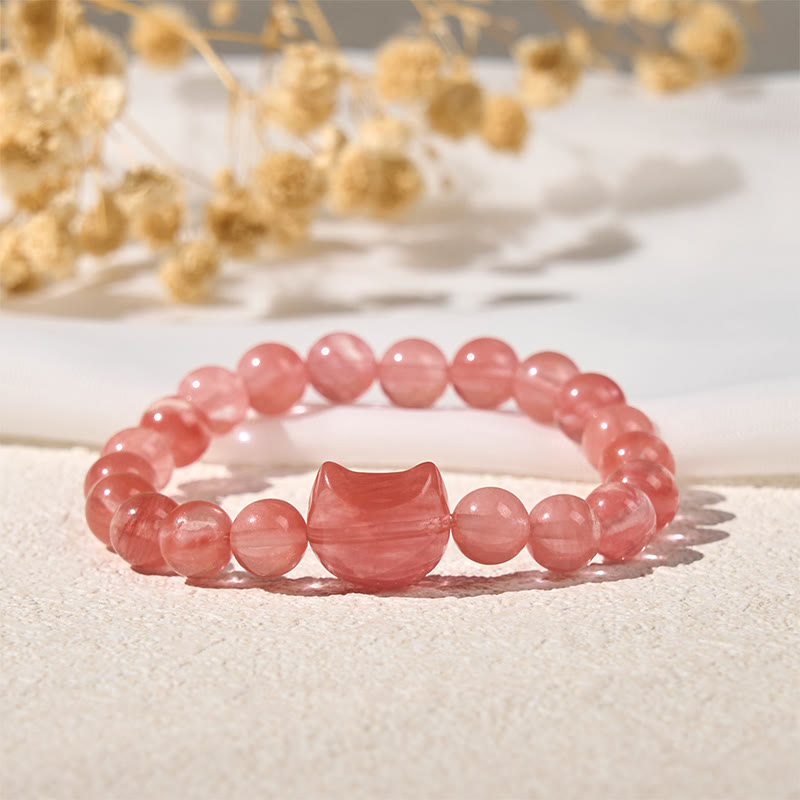 Braccialetto di perle spirituali in agata rossa con testa di gatto Buddha Stones - image 1