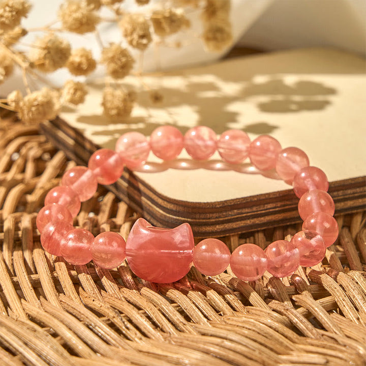 Braccialetto di perle spirituali in agata rossa con testa di gatto Buddha Stones - image 2
