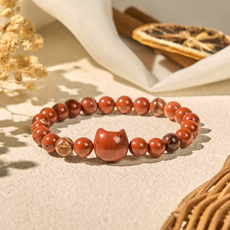 Braccialetto portafortuna turchese rosso con testa di gatto senza volto di Buddha Stones - Turchese rosso (circonferenza polso: 16-19 cm) - image 0