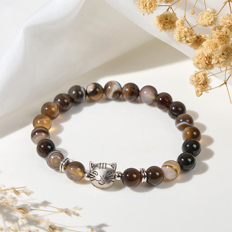 Braccialetto di stabilità con perline di agata marrone striata naturale a forma di gatto siamese color cioccolato Buddha Stones - image 1