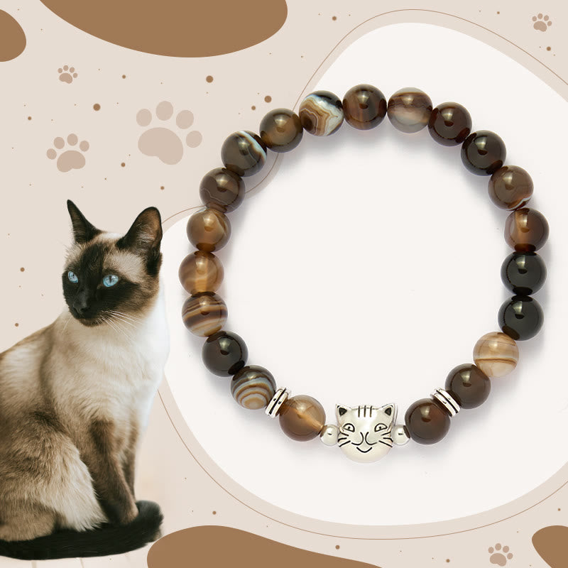 Braccialetto di stabilità con perline di agata marrone striata naturale a forma di gatto siamese color cioccolato Buddha Stones - Agata striata marrone (circonferenza polso: 15-18,5 cm) - image 0
