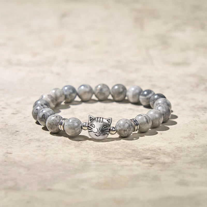 Braccialetto curativo con perline di diaspro grigio naturale a forma di gatto Buddha Stones - image 4